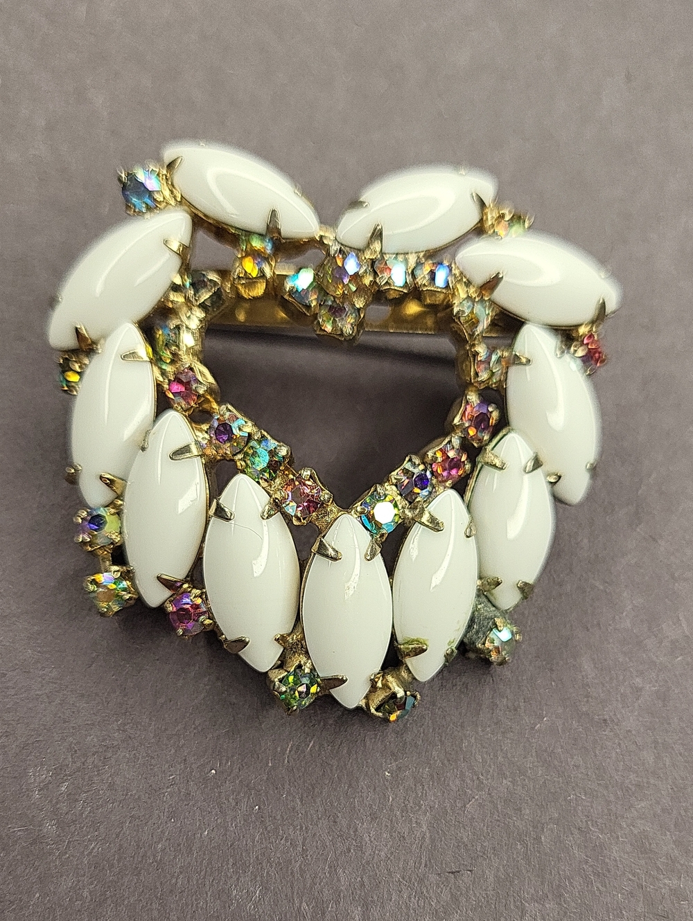 White Marquise Stone Heart Brooch with Aurora Crystal Accents